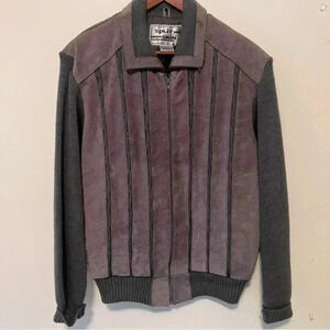 VTG Tan Suede Leather and Knit Gray Jacket Large 70s Bomber Split Skin-READ